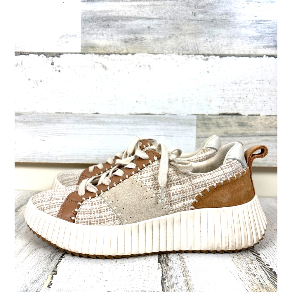 Dolce Vita Womens 9 Brown Cream Knit Leather Platform Sneakers Casual